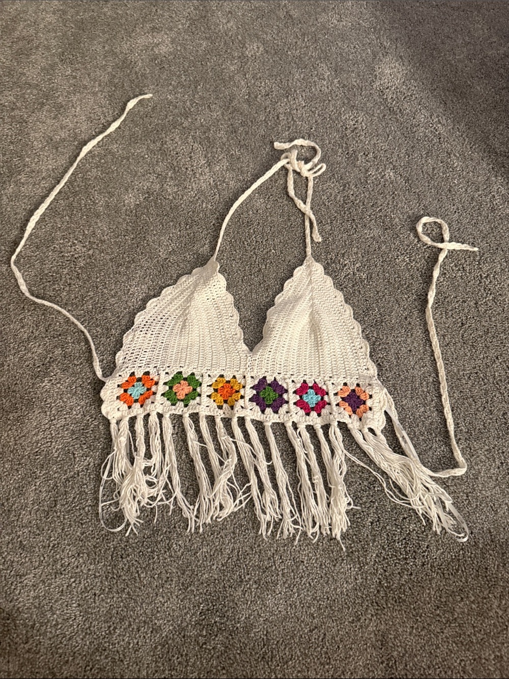 White Crochet Halter Top with Colorful Floral Squares (s/m)